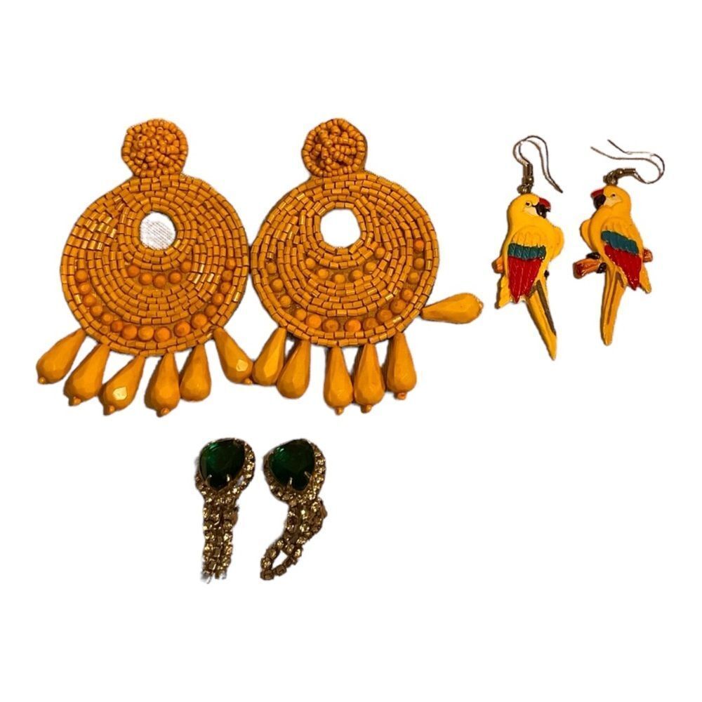 Women’s Statement Beaded Earrings , Parrots Earring And Vintage Green-ThreePair